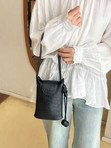 Bolso de cubo de cuero suave estilo Ins para mujer, bolso bandolera con cordón para teléfono - Multicolor - Ver 10