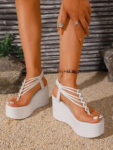 Women's Beaded Toe-Post Wedge Sandals With Elastic Strap, Versatile Summer Casual Party Commute Sandals - White - View 4