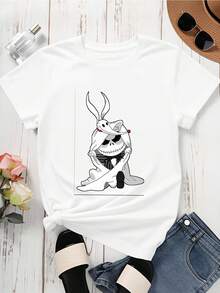 Disney Women Casual Short Sleeve T Shirt  Black Jack Skellington And White Rabbit Print Summer Fashion Top For Everyday Wear - White - View 3