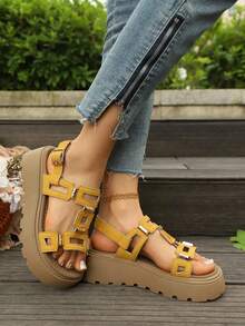 Women's Double Strap Metal Buckle Thick Sole Sandals, Platform Back Strap Roman Shoes, Vintage Casual Outdoor Beach Shoes, Non-Slip Height-Increasing Sandals, Multiple Colors Available, Plus Size Slimming Versatile Women's Shoes - Yellow - View 4