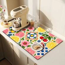 1pc Dish Drying Mat, Coffee Machine Mat, Lemon Grapefruit Cherry Floral Geometric Plaid Patchwork Polyester Fiber Absorbent Mat, Durable, Strong Water Absorption, Suitable For Dining Table, Cafe, Multi-Purpose Drainage Mat, Home Gift, Tabletop Decor - XYLSD-453 - View 3