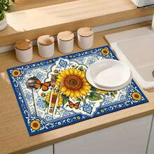 1pc Dish Drying Mat, Coffee Machine Mat, European Blue & White Floral Border With Sunflower & Butterfly Pattern, Durable, Highly Absorbent, Suitable For Dining Table, Cafe, Multi-Purpose Drainage Mat, Home Gift, Tabletop Decor - XYLSD-454 - View 7