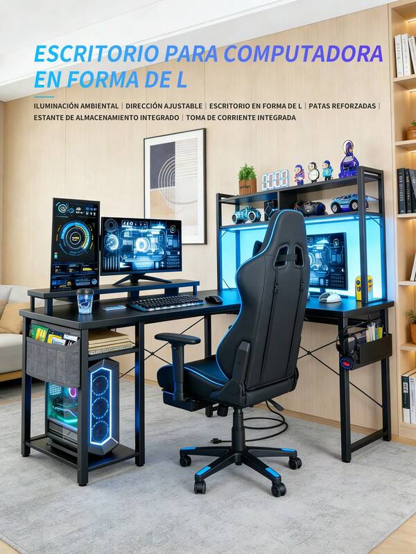 Escritorio en Forma de L, Escritorio reversible, Escritorio Gamer con Luces LED, Bandeja de Teclado y Bolsa de Almacenamiento para Oficina en casa,Escritorio Gamer Led Con Puertos Carga,escritorio Gamer Ajustable Rgb Led Base Con 2 Enchufes + 2 Usb.