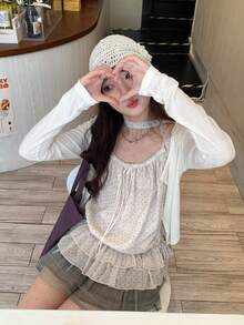 2pcs Polka Dot Frill Trim Camisole & Knit Cardigan Set - Apricot - View 6