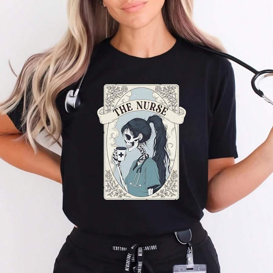 R Nurse Skeleton Shirt Funny Taroard Cotton Tee - Black - View 1