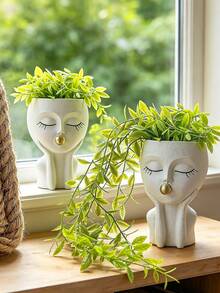 臉型花盆/植栽盆，適用於室內外植物，樹脂材質，適合多肉植物，附排水孔，可愛女士臉型植栽盆 - A - 查看 3