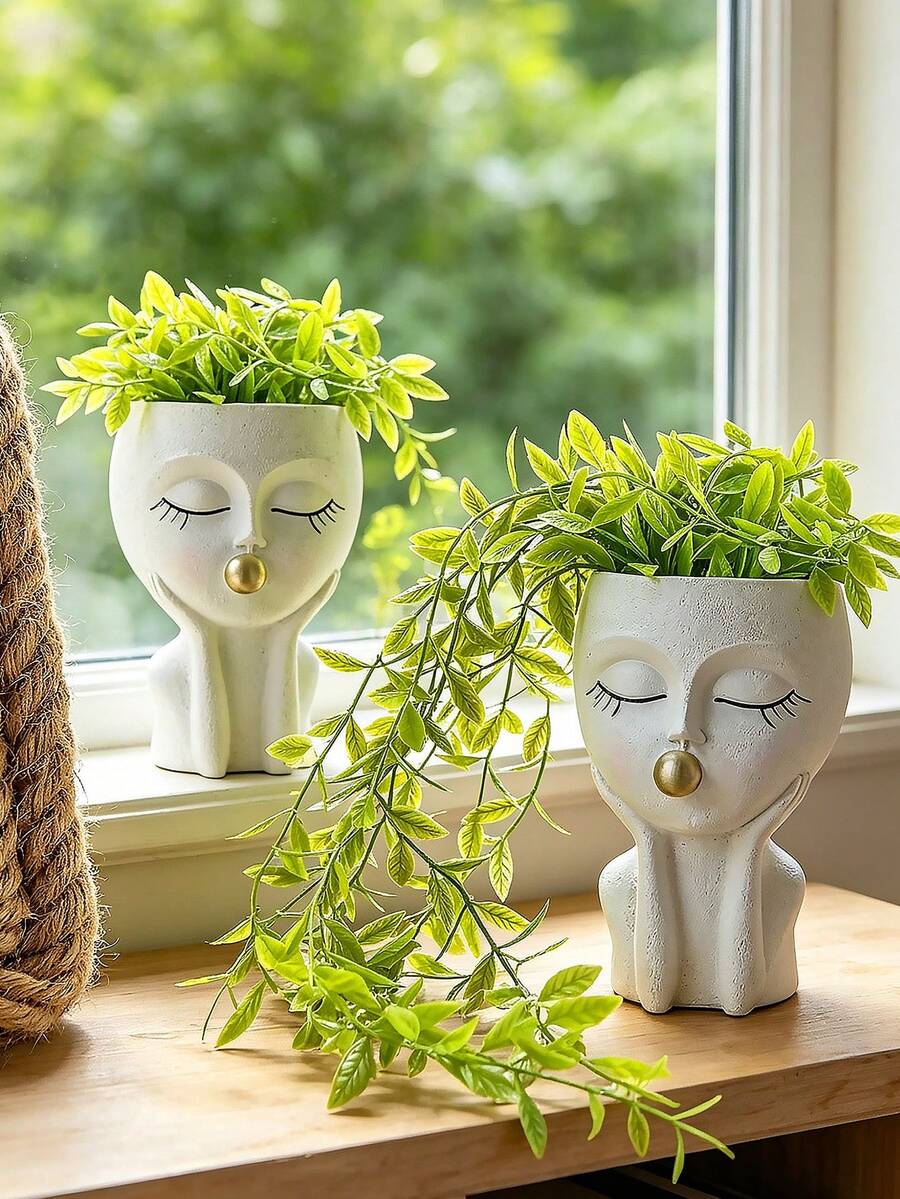 Face-Shaped Flower Pot/Planter, Suitable For Indoor And Outdoor Plants, Made Of Resin, For Succulents, With Drainage Holes, Cute Lady Face Shaped Planter. - A - View 1