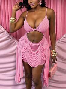 DOUCIU Hot Girl Sheer See Through Draped Hollow Sexy Spaghetti Strap Dresses Party Night Club Style - Pink - View 5