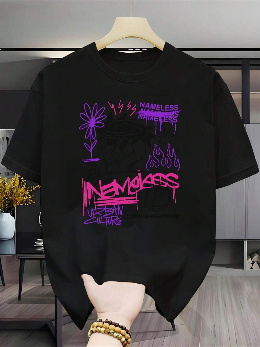 New Versatile Men's Casual Fashion T-Shirt, 100% Cotton, Short Sleeve, With Black Base And Artistic Graffiti Print Of Purple Floral Flames, Modern Urban Style, Custom Print, Unisex (For Men And Women), Comfortable Material, Short Sleeve T-Shirt, Suitable For All Seasons, Gift For Holidays And Birthdays - Unisex Style. - 黑色 - 查看 1