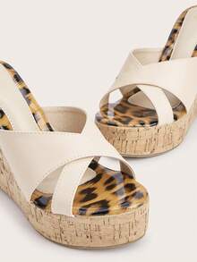 Apricot Soft Premium Matte PU Material Cross Wide Strap, Height-Increasing Wedge Heel Slippers, Holiday Essential, Leopard, Holiday, High Platform - Apricot Cross Stripes - View 4