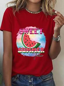 Women's One-Piece Printed Short-Sleeve Tee, Featuring A Fresh Summer Fruit Series. This Sweet And Cool Short-Sleeve Tee Boasts A Summery Watermelon Tie-Dye Print And Fun Slogans, Making It A Versatile Streetwear Piece Perfect For Everyday Wear. A Comfortable Basic Tee For Fall, This Short-Sleeve Print Is Ideal For Outdoor Activities And Is Unisex. Perfect For Couples, Parents, And Children, This Family-Friendly Tee Is A Great New Arrival. It's Also A  Gift Option And . - 紅色 - 查看 1