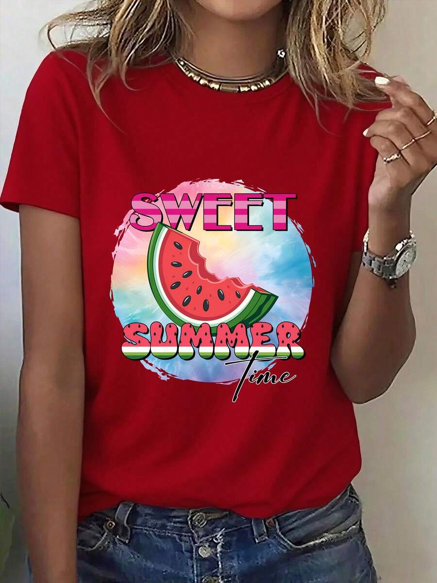 Women's One-Piece Printed Short-Sleeve Tee, Featuring A Fresh Summer Fruit Series. This Sweet And Cool Short-Sleeve Tee Boasts A Summery Watermelon Tie-Dye Print And Fun Slogans, Making It A Versatile Streetwear Piece Perfect For Everyday Wear. A Comfortable Basic Tee For Fall, This Short-Sleeve Print Is Ideal For Outdoor Activities And Is Unisex. Perfect For Couples, Parents, And Children, This Family-Friendly Tee Is A Great New Arrival. It's Also A Gift Option And . - 紅色 - 查看 1