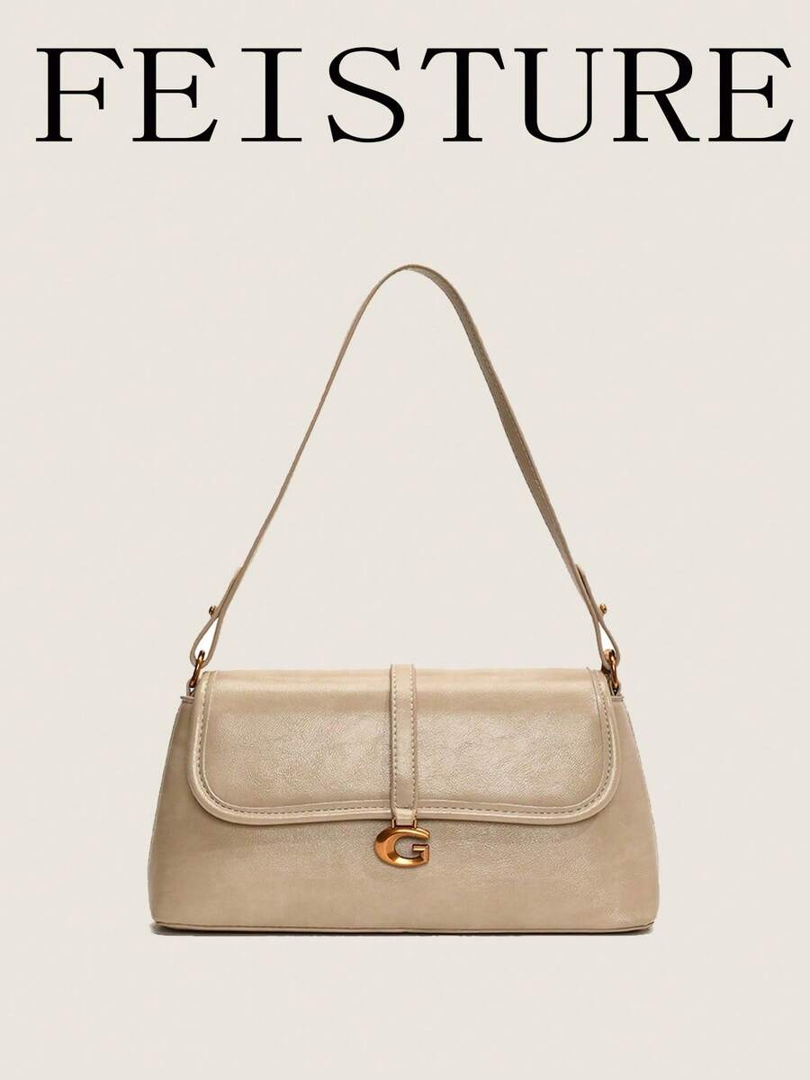 1pc Feisture Solid Color PU Material Underarm Baguette Bag, Vintage Flap Shoulder Bag Suitable For Girls, Women, College Students, Workplace Newcomers And White-Collar Workers, Great For Work, Business, Commute, School
