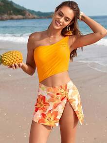 Trajes de Baño para Mujer Completos Bañador con Un Hombro Cintura al Descubierto con Falda para Playa - Rojo - Ver 11