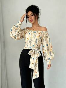 Elegant Women's Off-Shoulder Blouse With Polka Dots And Front Bow - Puff Sleeves, Round Neck, White, Machine Washable, Ideal For Casual Or Semi-Formal Wear In All Seasons - 多色 1 - 查看 1