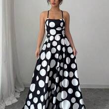 Vestido con estampado de lunares y tirantes cruzados sin espalda para mujer . - Azul - Ver 6