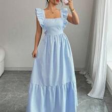 Vestido casual de mujer con cuello cuadrado, estampado de rayas y dobladillo con volantes DG - Azul - Ver 6