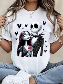 Disney Crew Neck  T Shirt Black Jack Skellington And Sally Couple Print For Casual Wear - White - View 1