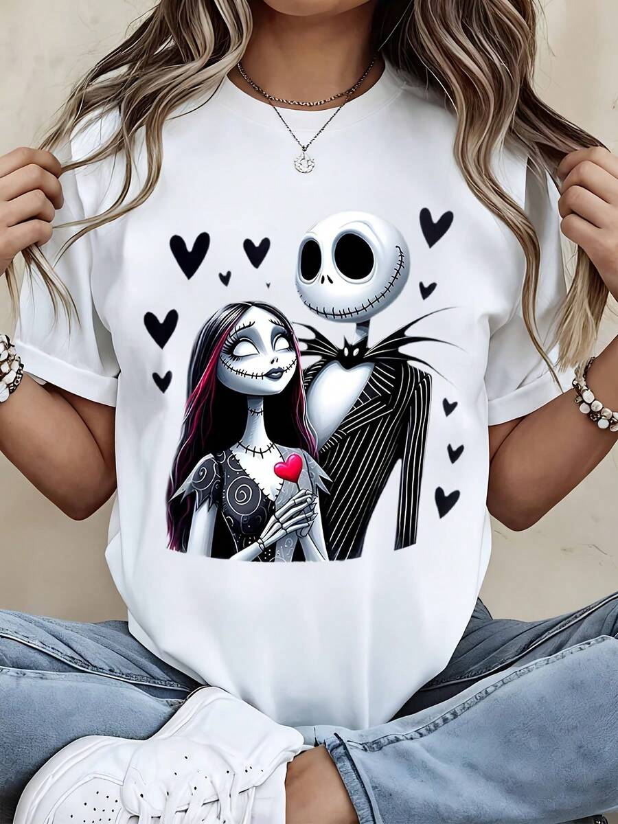 Disney Crew Neck T Shirt Black Jack Skellington And Sally Couple Print For Casual Wear - White - View 1