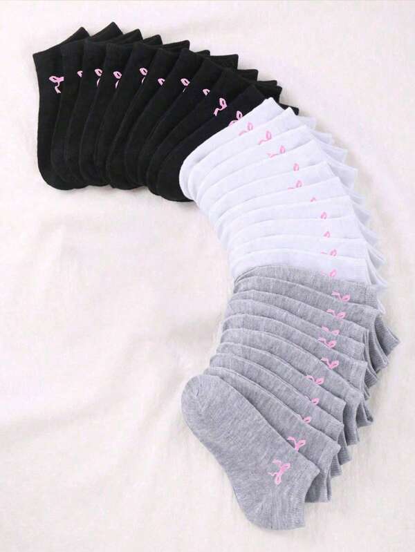 20 Pairs Children's Spring/Summer Bowknot Print Casual Cute Solid Color Short Socks Boat Socks Student Socks, Suitable For Daily Wear, Gift For Children, Ultra-Thin Breathable, Random Color