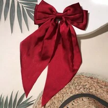 1pc Solid Color Satin Hair Clip Head Accessory Silk Ribbon Large Bow Hair Clip For Women Versatile,Hair Claws - Burgundy - View 5