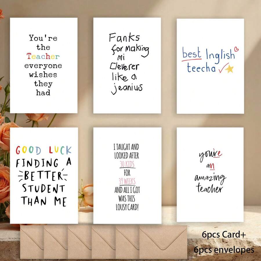 6pcs/1pc Funny Teacher Appreciation Cards Bulk, Cute Sarcastic Thank You Greeting Cards Pack With Envelopes, Minimalist End Of School Year Graduate Gift For Men Women Teachers, Mr Mrs Jones Personalized End Of School Year Teacher Gifts Card, Funny Handlettering Thank You Cards For Best English Teacher, Cute Gag Greeting Cards From Students Kids - View 1