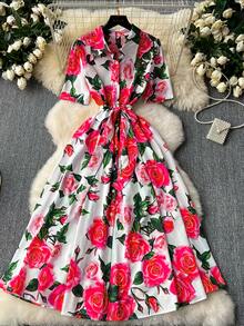 Elegant Women's Floral Print Dress With Short Sleeves, Lapel Collar, And Fitted Waist - Romantic Rose Design, Perfect For Spring Outings, Garden Parties, And Casual Events | Garden Party Dress | Floral Print Dress | Stylish Dress - 磨砂黑 - 查看 8