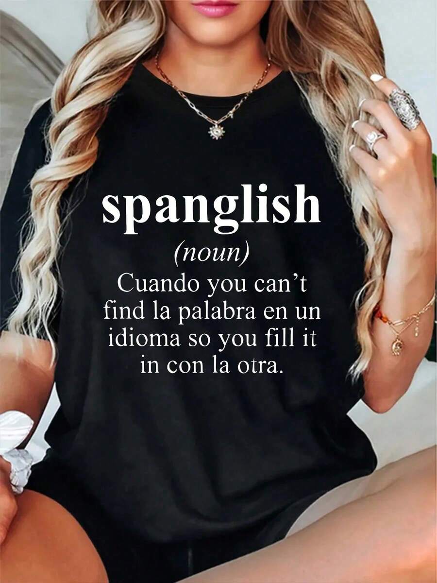 Spanisches Grafik-T-Shirt, lässiges Damen-T-Shirt, kurzärmlig - Schwarz - Übersicht 1