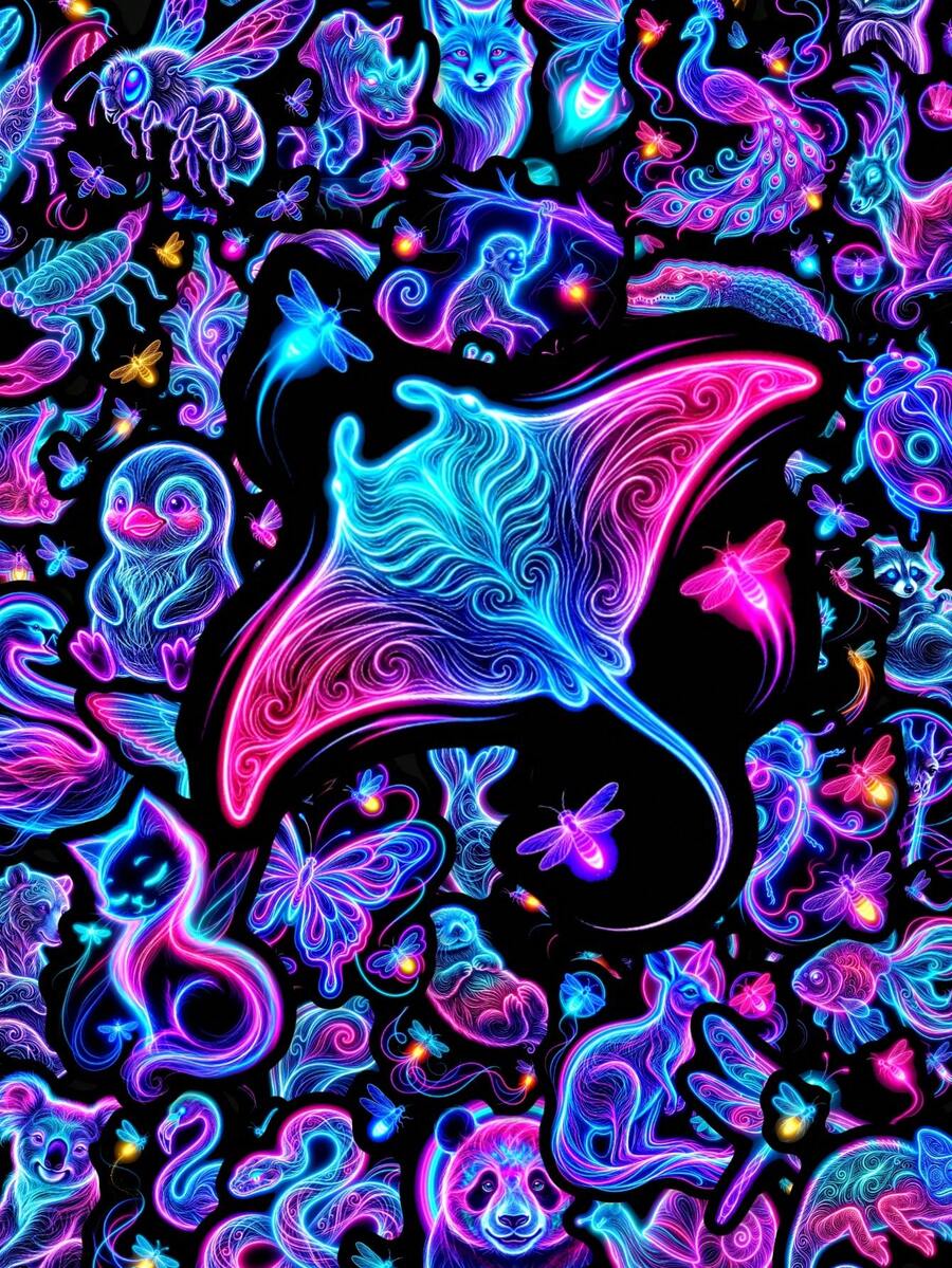 50 Peças Adesivos de Animais Neon, Contorno Neon Chamativo de Selva e Animais Fofos, Adesivos à Prova d'Água, Adequados para Skate, Bagagem, Console de Jogos e Decoração de Quarto - Roxo - Visão 1
