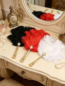 Vintage Court Style Luxurious Artificial Feather Fan, Exquisite Carved Gold-Plated Handle Inlaid With Rhinestones And Pearls. Suitable For Photography Props, Banquet Ball Handheld Fan, Fashion Accessories And Home Decor. Perfect Mother's Day Gift, Travel Essential, Ideal Wedding Favor. - Fan - View 3