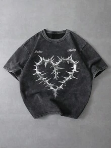 Manfinity Men's T-Shirt With Dark Letter Print On Washed Fabric, INS Street Style, Suitable For Music Festivals, Clubs, Gift For Boyfriend/Husband, Anniversary Gift. Unisex Washed T-Shirt. Y2K Style, Fashionable Style, Cute Style, Casual Style, Women's Blouses > Clothing. 230g (Sizes S-XXXL) - 2 - 查看 1