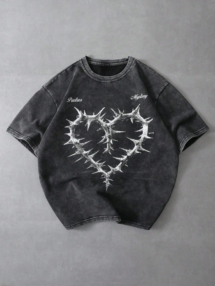 Manfinity Men's T-Shirt With Dark Letter Print On Washed Fabric, INS Street Style, Suitable For Music Festivals, Clubs, Gift For Boyfriend/Husband, Anniversary Gift. Unisex Washed T-Shirt. Y2K Style, Fashionable Style, Cute Style, Casual Style, Women's Blouses > Clothing. 230g (Sizes S-XXXL) - 2 - 查看 1