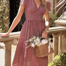 jianchaimaoyi02  Clasi Vestido midi elegante de manga corta con cuello en V, fruncido y corte evasé, con estampado floral pequeño, para uso diario y vacaciones, primavera/verano - Rojo y blanco - Ver 1