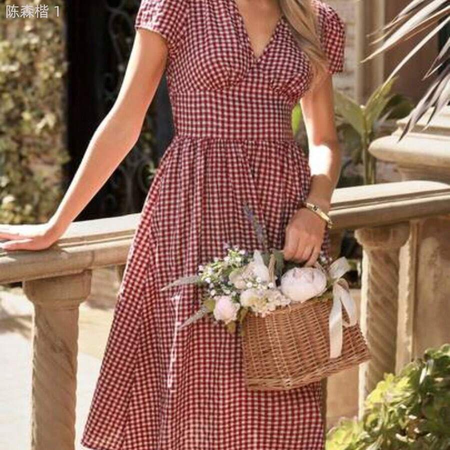 jianchaimaoyi02 Clasi Vestido midi elegante de manga corta con cuello en V, fruncido y corte evasé, con estampado floral pequeño, para uso diario y vacaciones, primavera/verano - Rojo y blanco - Ver 1