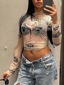 Ropa Punk estética Y2k, camisetas gráficas para mujer, moda gótica, camisetas de manga larga para mujer, ropa de calle transparente, camisetas para chica - Impresión múltiple - Ver 4