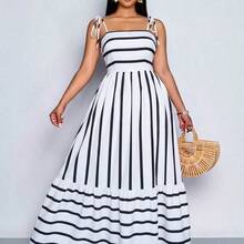 yonghongmaoyi1  Vestido maxi de estilo fluido con rayas, con tirantes y detalles de recogido en el pecho, adecuado para vacaciones, playa, ir al trabajo y uso casual, elegante vestido (floral aleatorio) - Café integral - Ver 8