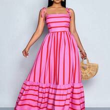xuehuamaoyi02  Vestido maxi de estilo fluido con rayas, con tirantes y detalles de recogido en el pecho, adecuado para vacaciones, playa, ir al trabajo y uso casual, elegante vestido (floral aleatorio) - Azul marino - Ver 2