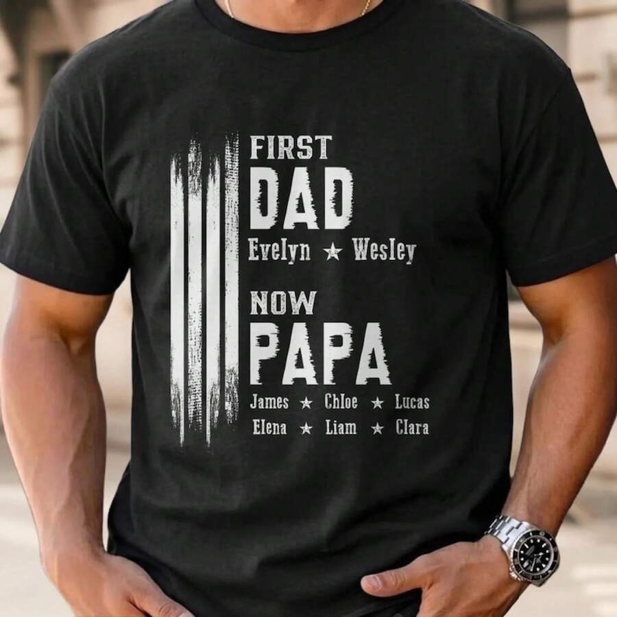 Camiseta Personalizada "Primero Papá, Ahora Abuelo" con Nombres de los Niños, Regalo para Abuelo, Camiseta para Papá - Negro - Ver 1