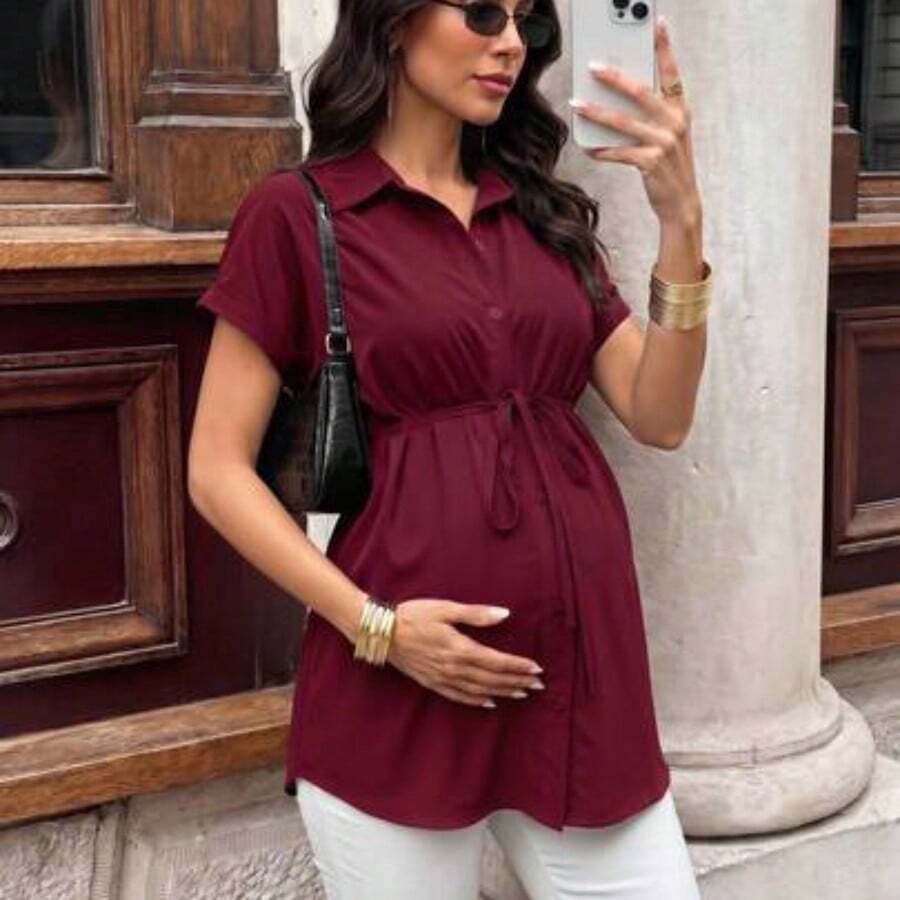 WNSS MaterniWear Maternidad Camisa de manga murciélago con cinturón - Burdeos - Ver 1