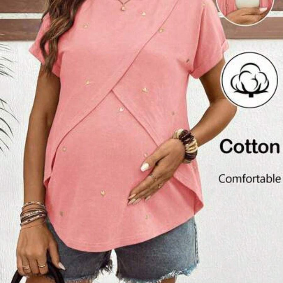 Camiseta de enfermería casual de verano para maternidad con bordado de corazón - Rosa - Ver 1