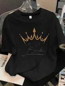 Top de manga corta con cuello redondo y estampado nupcial para mujer, apto para todas las estaciones. - Negro - Ver 1