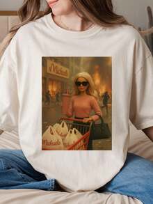 Retro Meme T-Shirt, Funny Graphic Tee,Camiseta informal de moda con estampado creativo para mujer, de manga corta y cuello redondo, para primavera y verano T-Shirt - Multicolor - Ver 1
