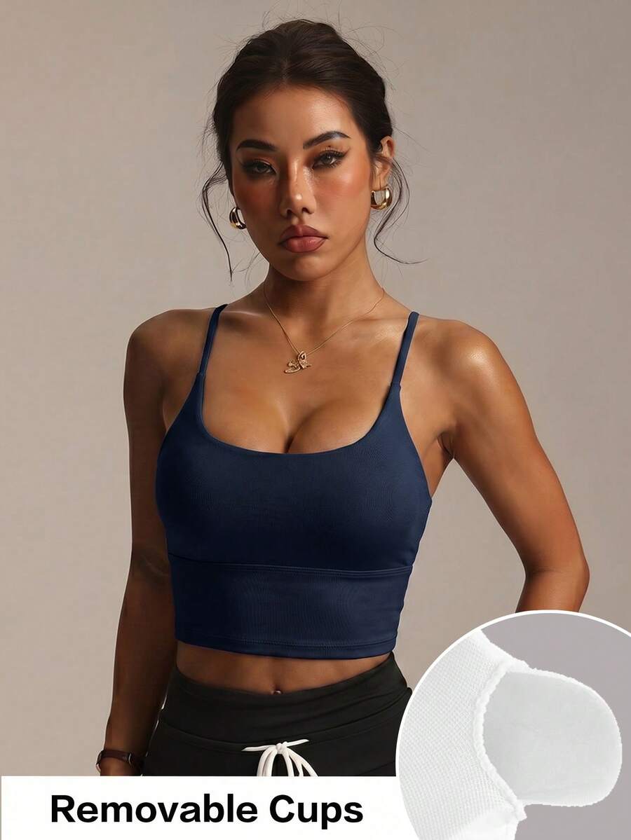 Sujetador deportivo de punto de unicolor y sin costuras con diseño cruzado para mujer - Azul Marino - Ver 1