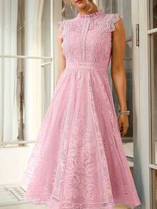 Women's Wedding Guest Dress, New And Elegant Fan-Shaped Lace Flared Dress, Retro Sleeveless Lace Dress, Suitable For Wedding Bridesmaid Dress, Evening Party, Casual Romantic Dates - 象牙白色 - 查看 6