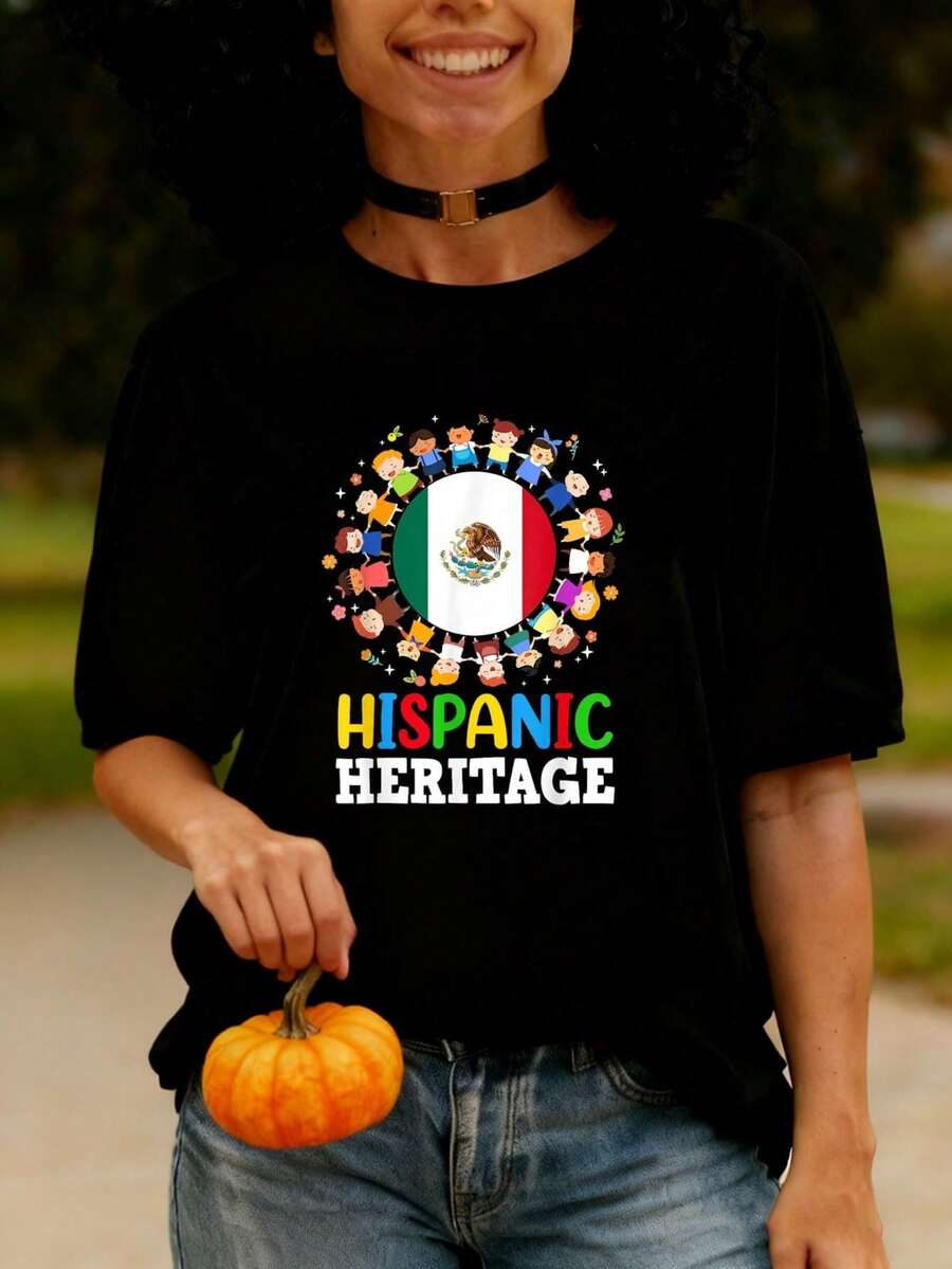 Premium Hispanic Heritage Month Mexican Flag Mexico T-Shirt For Boys Girls Graphic Tees Women Crop Tops Summer Sets For Women Summer Tops T-Shirt Bestseller - 黑色 - 查看 1