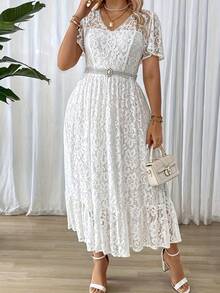Plus Size Women's Long Dress, Elegant And Simple With Lace Details, Ideal For Holidays Or Parties, Belt Not Included - 象牙白色 - 查看 7