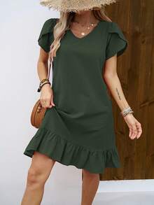 Vestido de Mujer con Cuello en V, Mangas de Concha y Volantes - Verde Gris - Ver 7