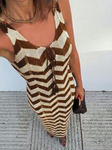 Women's Wavy Pattern Sexy V-Neck Tie-Up Hollow-Out Beach Resort Knit Brown Cover Up Dress,Elegant DressSummer Vacation - Multicolor - View 4