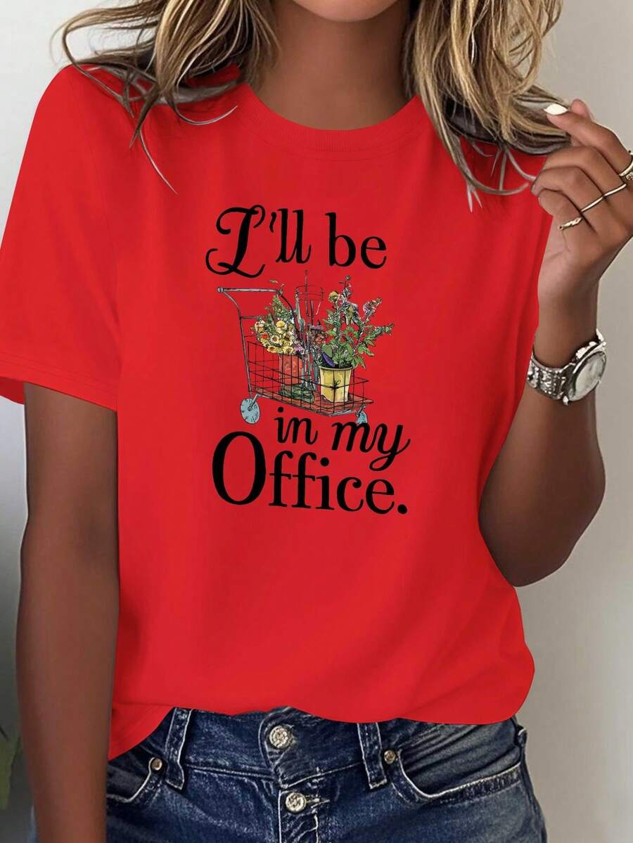 1 Piece Women's Funny T-Shirt With Floral Garden Cart Print And The Phrase "I'm At The Office" - Loose Fit Black Short Sleeve Crew Neck T-Shirt, 100% Casual, With Shopping Cart Designs And Office Humor, Suitable For Work Or Casual Wear - Comfortable All Season T-Shirt With Geometric Pattern, Machine Washable, Versatile Style, Suitable For Office Or Casual Wear - Perfect Choice For Gardening And Shopping Enthusiasts, Short Sleeve T-Shirt For Women. Printed T-Shirt - 紅色 - 查看 1
