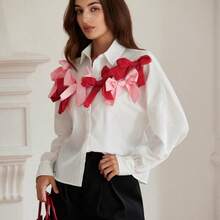 Aveloria Revavyn Blusa de manga larga con decoración de moño 3D de estilo romántico y dulce de dos tonos para niñas y mujeres, ropa para fiesta de vacaciones, camisa con botones linda y divertida para mujeres - Multicolor - Ver 5